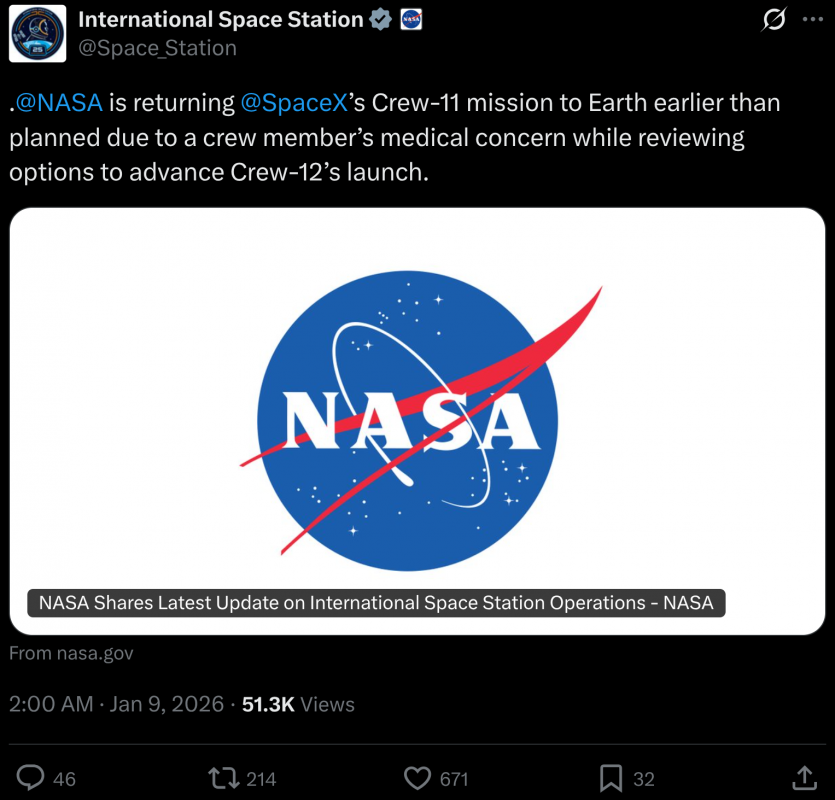 Серйозна медична проблема астронавта на МКС змусила NASA достроково повернути екіпаж на Землю